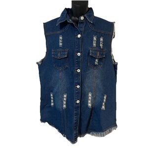 Denim Cut-Off Sleeveless Blue Jean Button Up Shirt Distressed New WITHOUT Tag XL